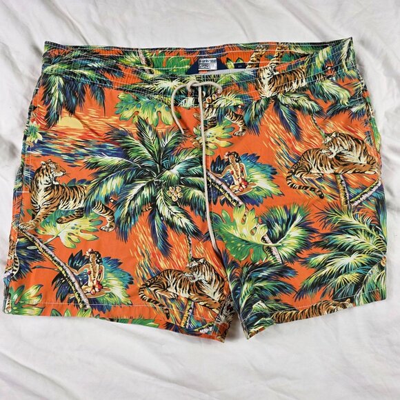 Polo Ralph Lauren Mens Small Tropical Print Swim Trunks Orange Tigers Mesh Lined - Picture 1 of 11